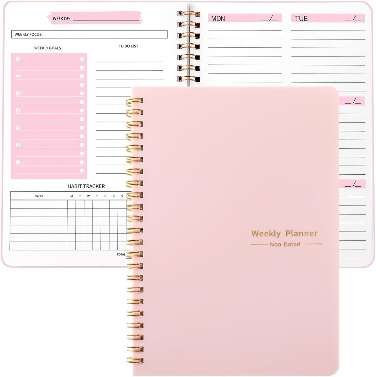 Bobypet A5 Weekplanner Zonder Datum - To Do List Notebook en Weekoverzicht - 100 GSM Papier Spiraalagenda met Habit Tracker - 52 Weken