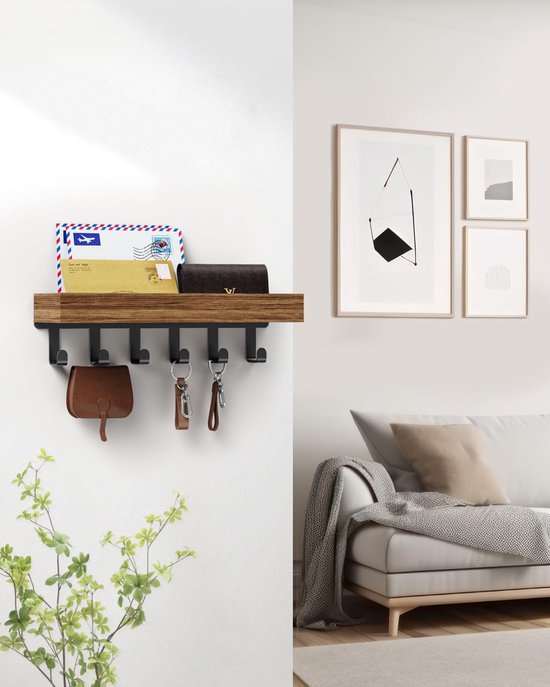 Houten sleutelhanger met 5 haken, met brieven, een portemonnee, een bruin tasje en sleutels.