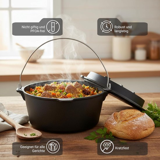 Gietijzeren Dutch Oven - Vuurpan Stoofpan - Buiten Koken - Voorgebrand Direct Gebruik - 6 Liter - Zwart — afbeelding 3