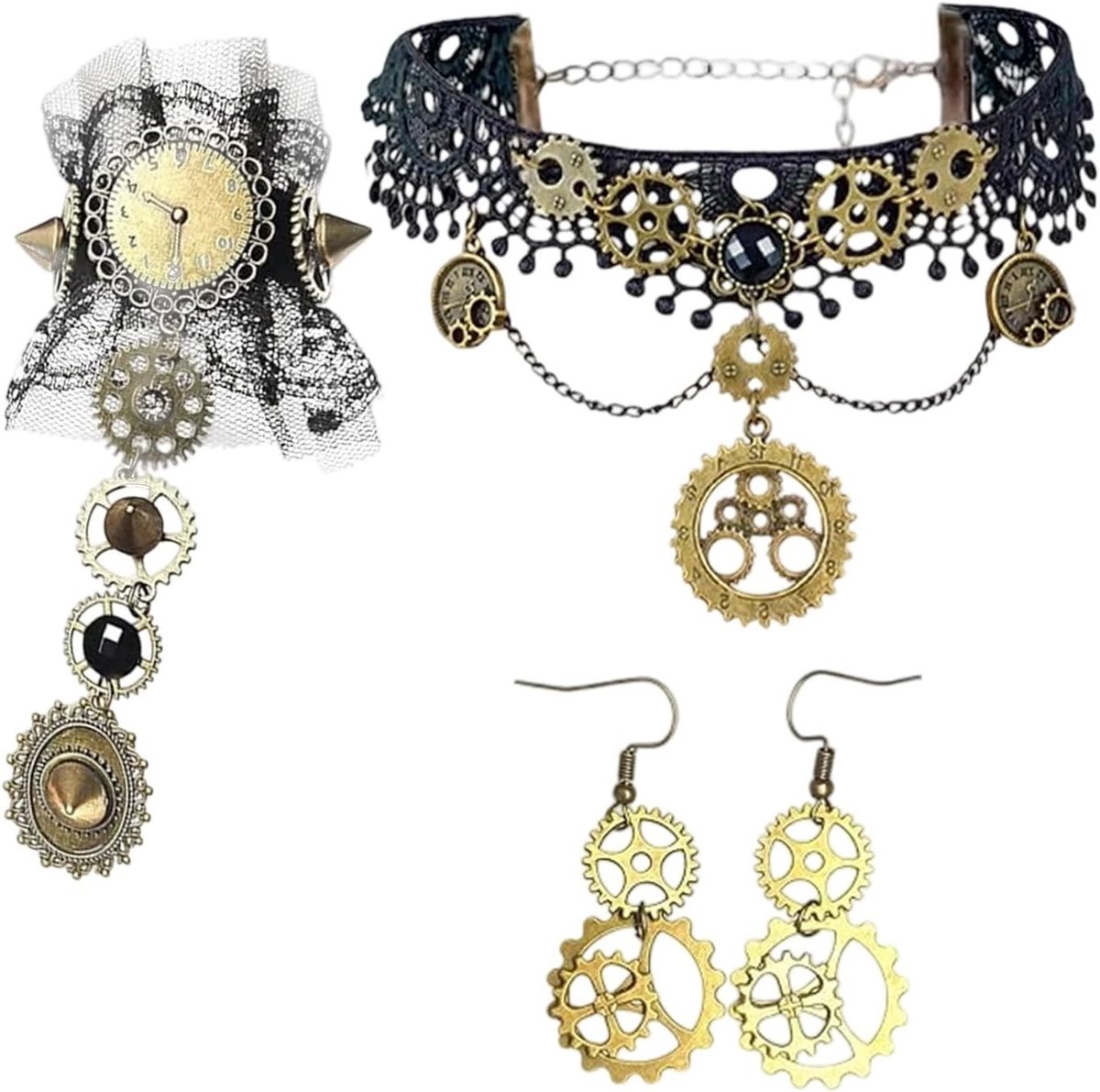Vintage Steampunk Accessoires voor Vrouwen - 3-delige Set met Choker, Oorbellen en Handschoenen voor Halloween Kostuum