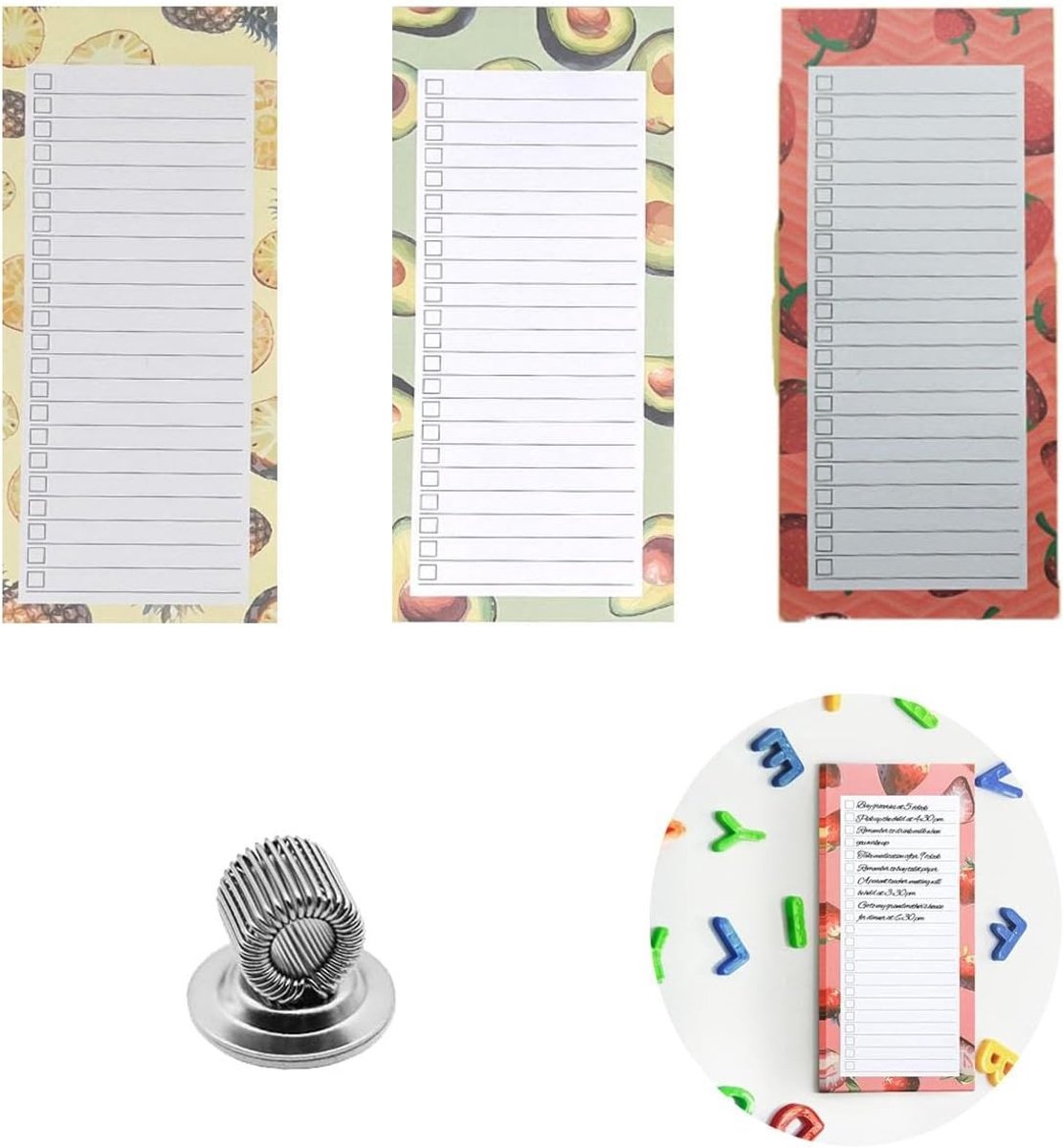 Set van 3 Magnetische Notitieblokken met Penhouder, 150 Bladen voor Boodschappenlijst, Koelkastaccessoire, Fruitdesign en Organisatiehulp
