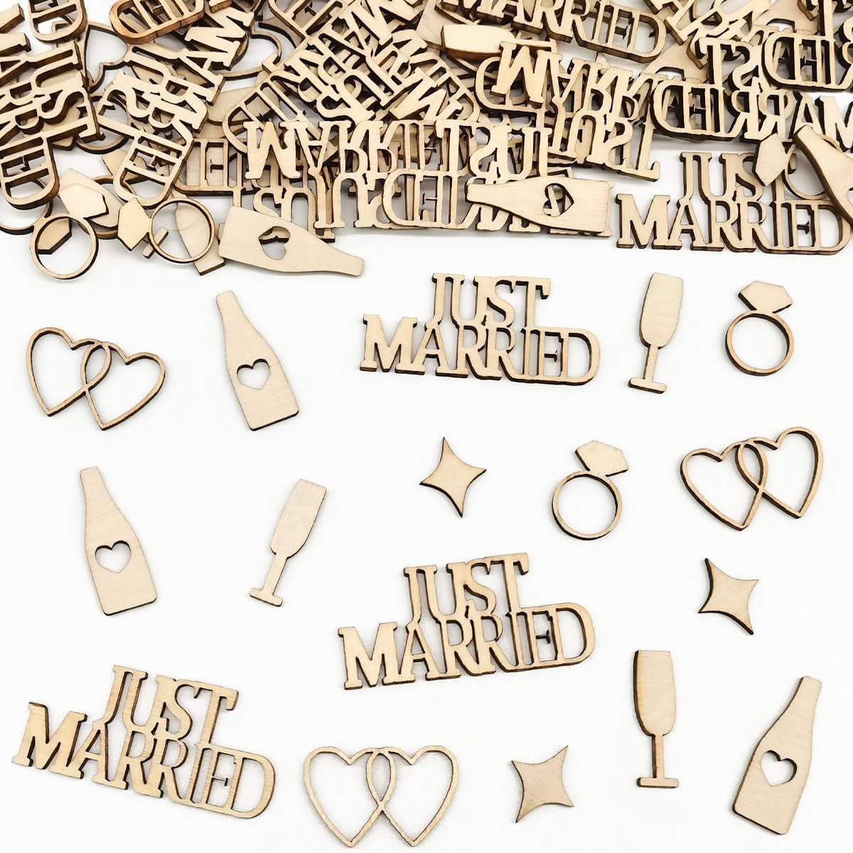 Huwelijksconfetti 80 Stuks - Houten Decoratie - Just Married Hart - Perfect voor Tafelversiering - ShopVlot
