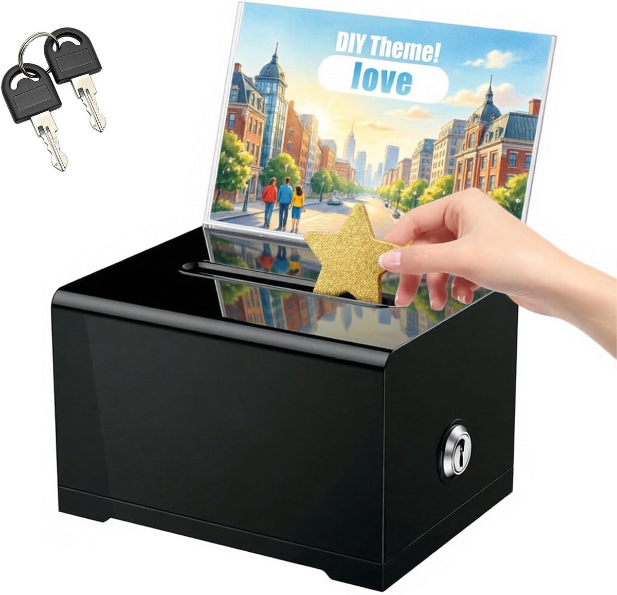 SnelShoppen - Lockable Acryl Dispenser Box met Sleutel, Donatiebox met Stickers, Transparant en Zwart, Ideaal voor Evenementen en Stemmen, 16 x 12 x 1