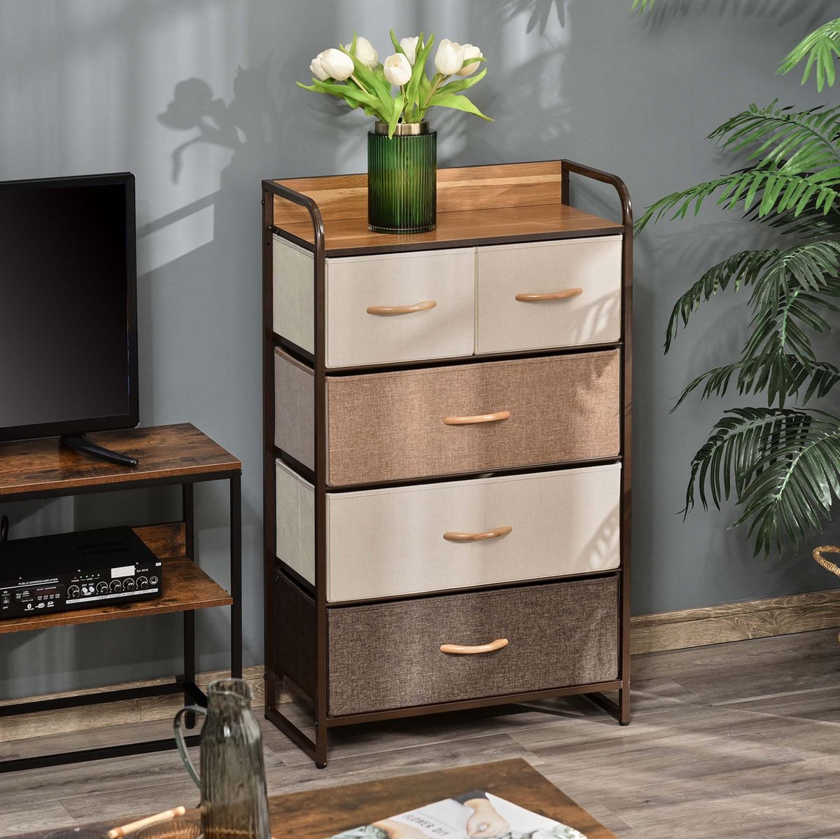 COVREO Ladekast 58x29x99 cm multicolor, 5 stoffen lades met MDF blad Bruin