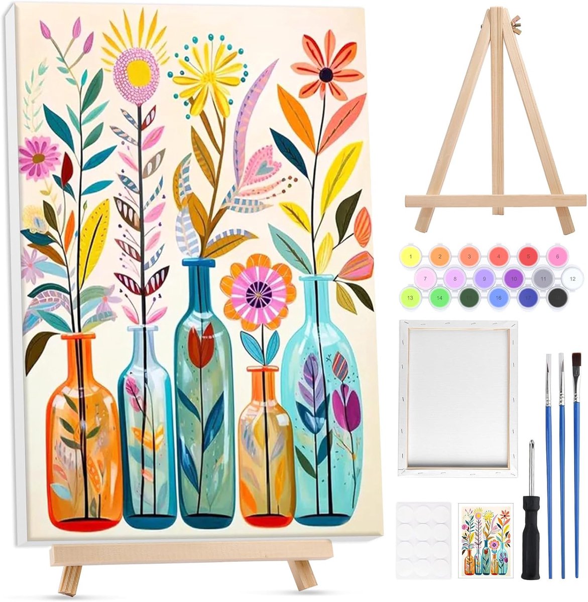 SnelShoppen - Schilderen op Nummer - Bloemen voor Volwassenen - Inclusief Houten Lijst en Easel - DIY Schilderset met Kwasten en Acrylverf - Handgesch