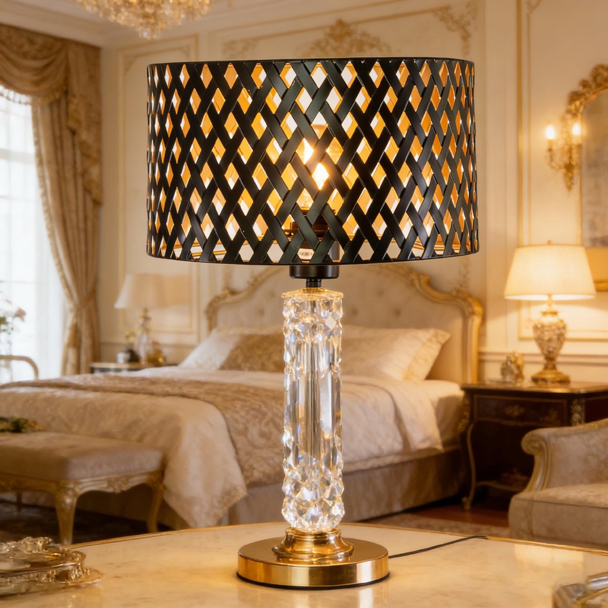 SnelShoppen - Lampenkap Rond Zwart Gouden Rasterpatroon Metaal 30 cm Diameter 18 cm Hoog E27 Fitting Modern voor Vloerlamp en Hanglamp