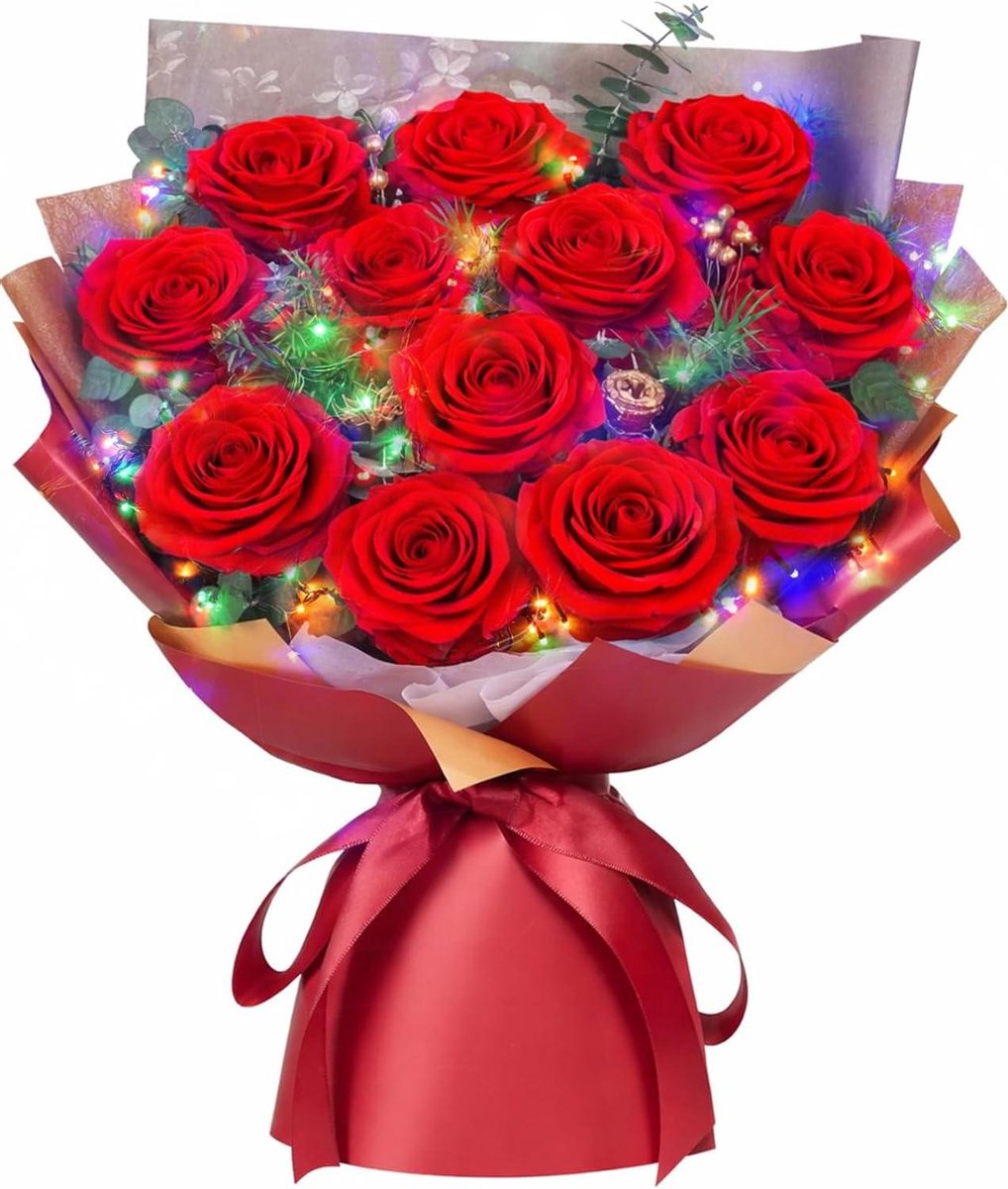 Boeket Eeuwige Rozen - Geconserveerde Bloemen - Cadeau Geven - 12 Echte Rozen - 28.5 x 16 x 41 cm