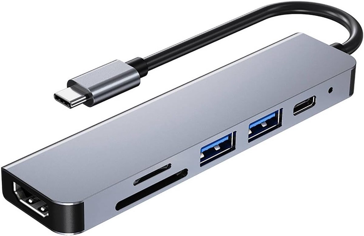 SnelShoppen - USB-C Hub, 6-in-1 USB-C Adapter voor MacBook Pro, HDMI Hub 4K, USB 3.0, USB 2.0, SD/TF Kaartlezer, 87W PD, Grijs, Geschikt voor Laptops
