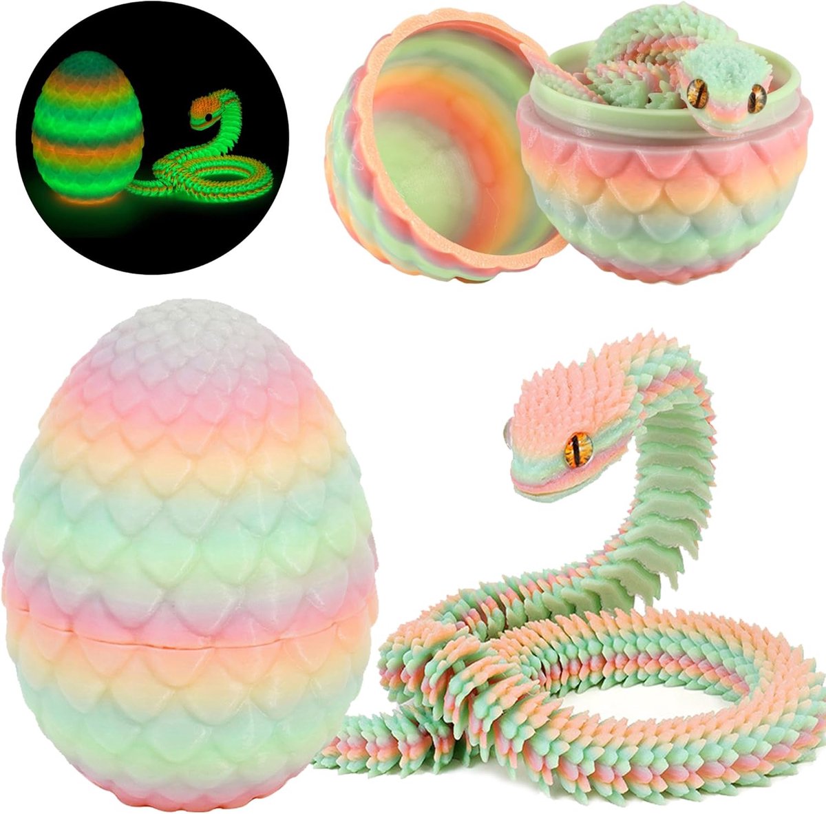 SnelShoppen - 3D Geprinte Slang Speelgoed in Kleurige Ei, Pasen Slang Eieren, 3D Dieren Speelgoed voor Kinderen, Decoratie voor Thuis en Bureau, Flexi