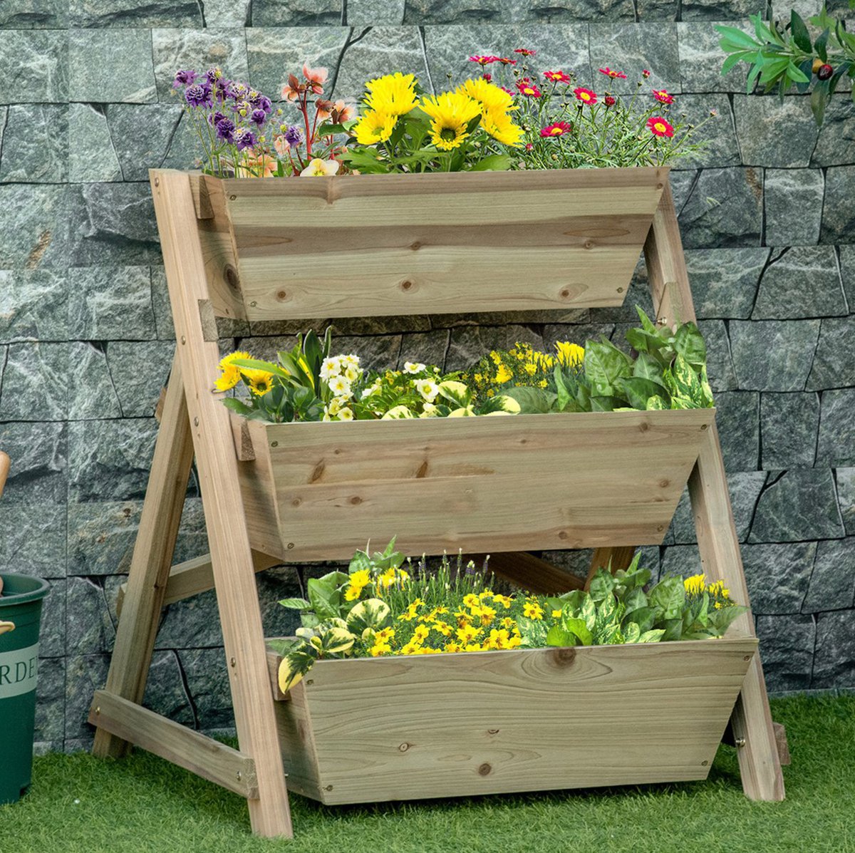 COVREO Moestuinbak 71x61x77 cm naturel, houten plantenrek met 3 bakken