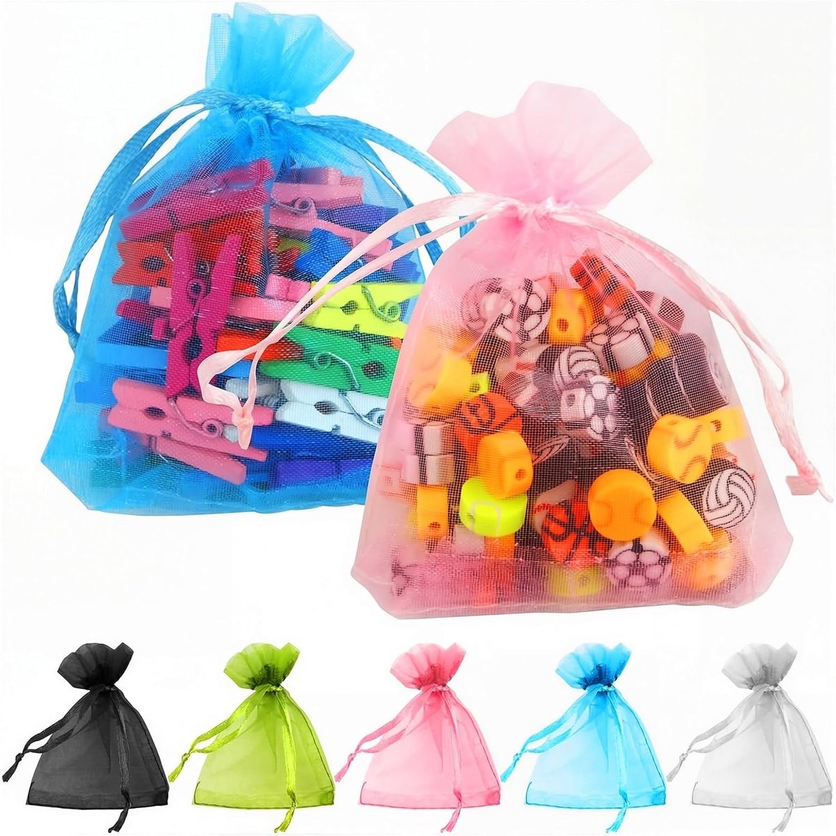 SnelShoppen - 150 Stuks Organza Tassen, Kleine Mesh Tassen, Trekkoord Tassen voor Feestjes, Bruiloften en Cadeautasjes, Mini Net Pouches in 5 Kleuren