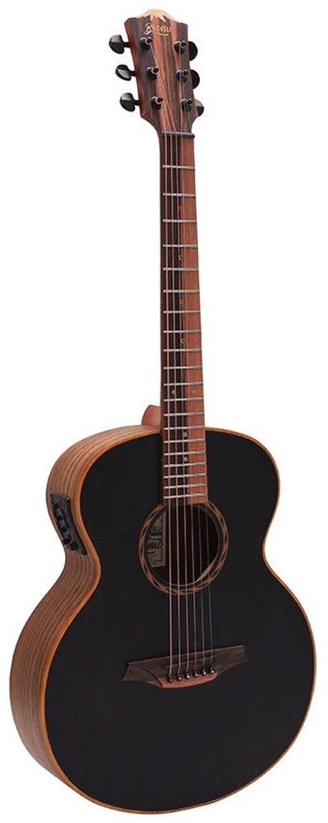 Bromo BAT8ME/BK Tahoma Series Mini Jumbo walnoot Mini Jumbo Massief Bovenblad Elektro-Akoestische Gitaar met zwarte top Satijn met Tas