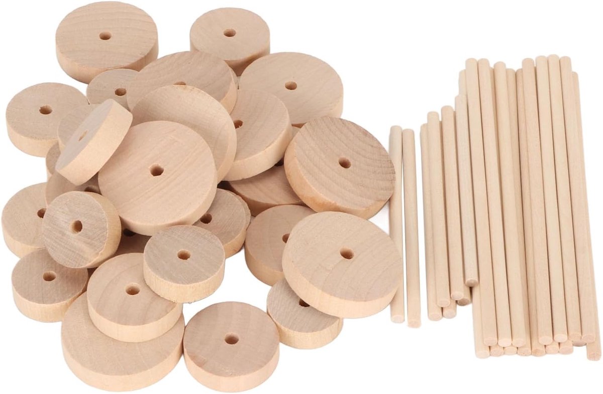 Houten wielen 24 stuks - onbehandeld berkenhout - met gat - ideaal voor DIY projecten - ShopVlot
