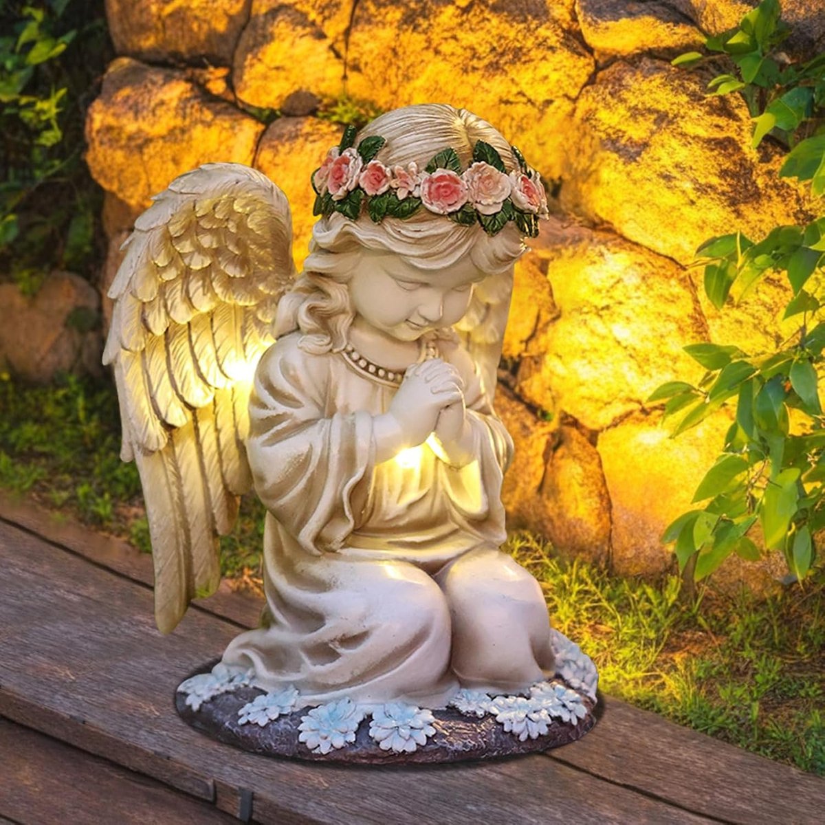 SnelShoppen - Solar Tuinbeeld, LED Beschermengel Beeld, Grave Decoratie, Buiten Decoratie, Gebedsengel, Zonne Lamp, Weerbestendig, Tuin Decoratie voor