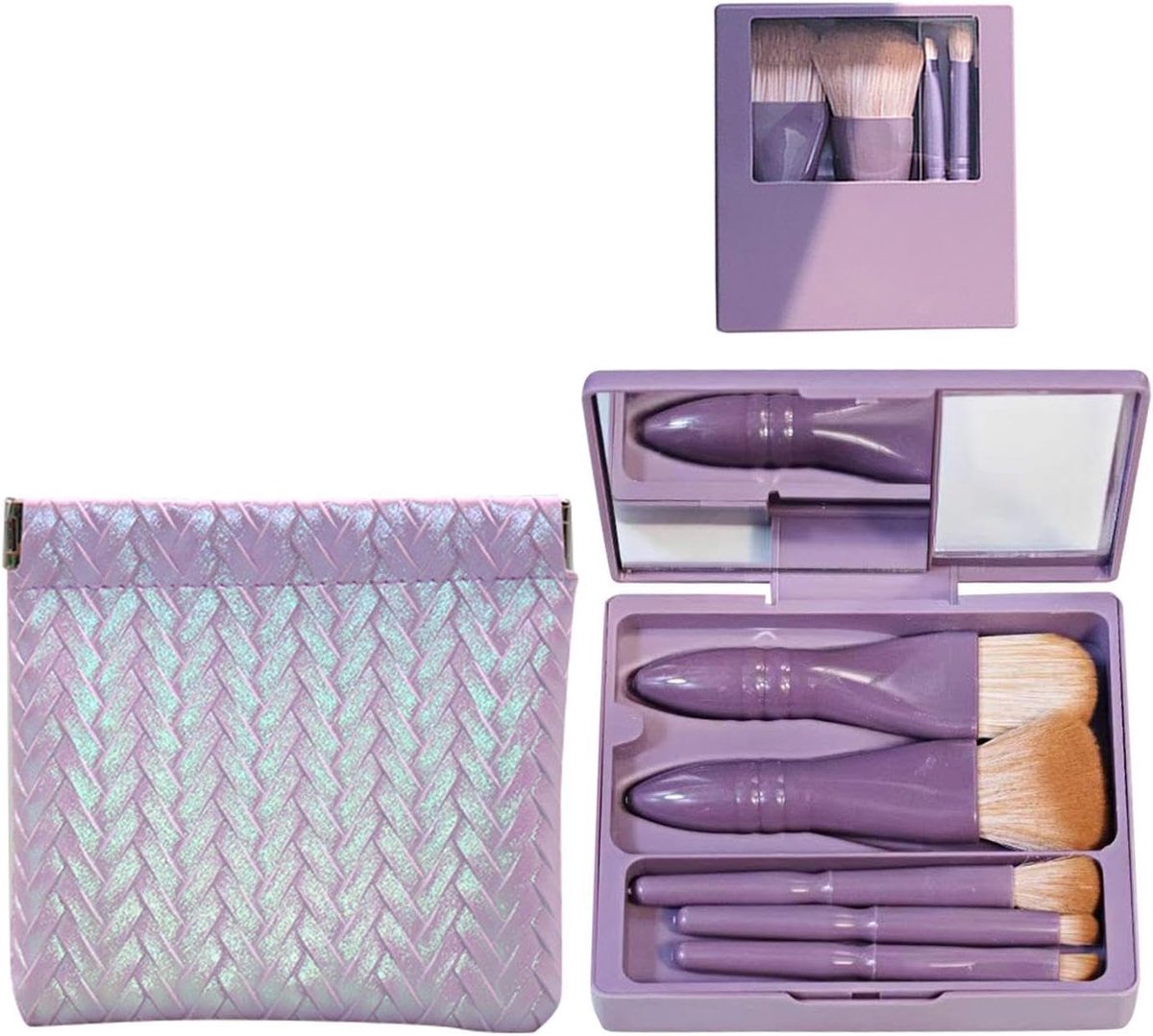 SnelShoppen - 5 Professionele Makeup Kwasten en 1 Mini Beschermcase met Spiegel, Reiskwasten Set in Paars, Perfecte Schoonheidstools voor Thuis en Op