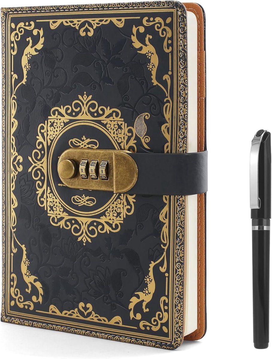 SnelShoppen - Dagboek met Slot, A5 Notitieboek met Pen Set, Leren Journal met Code, Vintage Geheim Notitieboek met Combinatielock voor Vrouwen, Mannen
