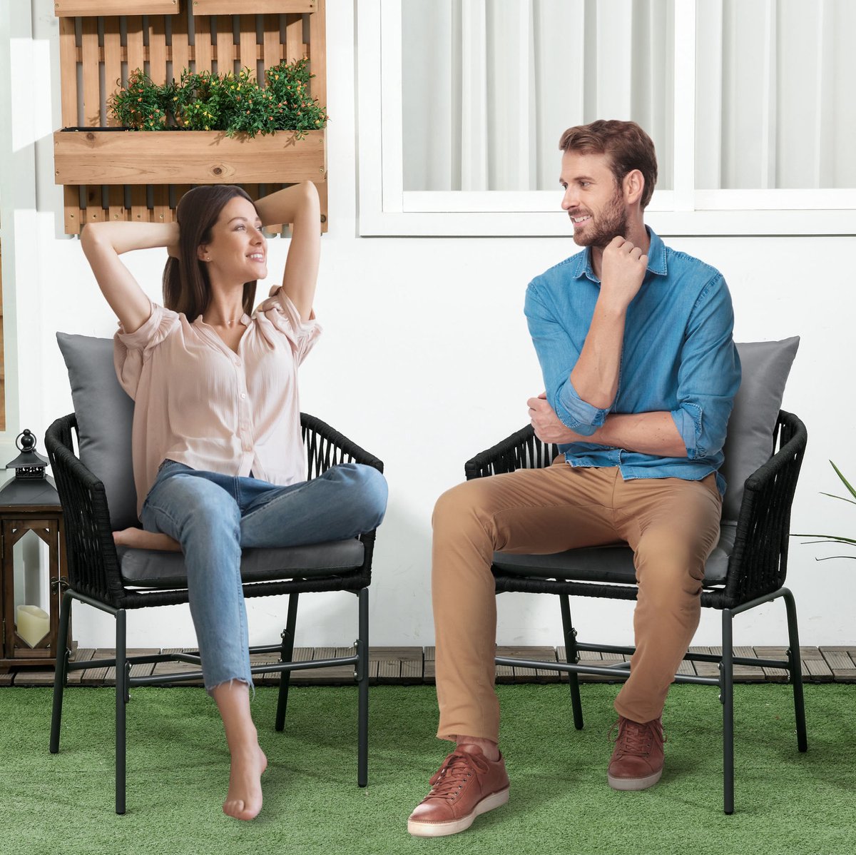 COVREO Tuinstoel 57x60x71 cm zwart, staal met kussens set van 2