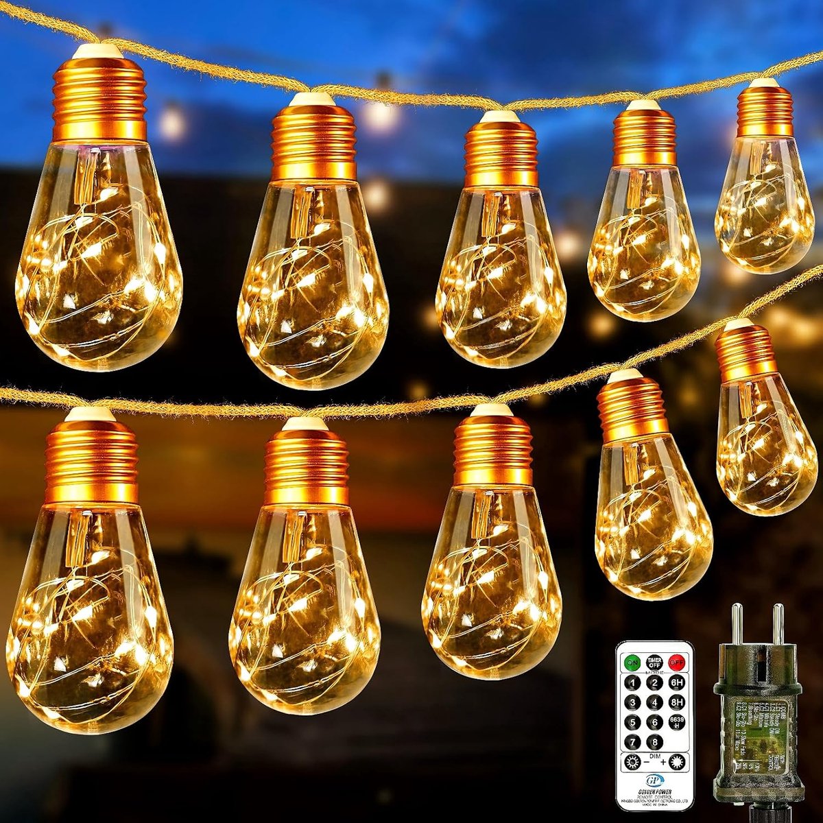 LED buitenlichtjes 9 m - vintage touwontwerp - 16 lampen - met afstandsbediening voor sfeervolle buitenverlichting - ShopVlot
