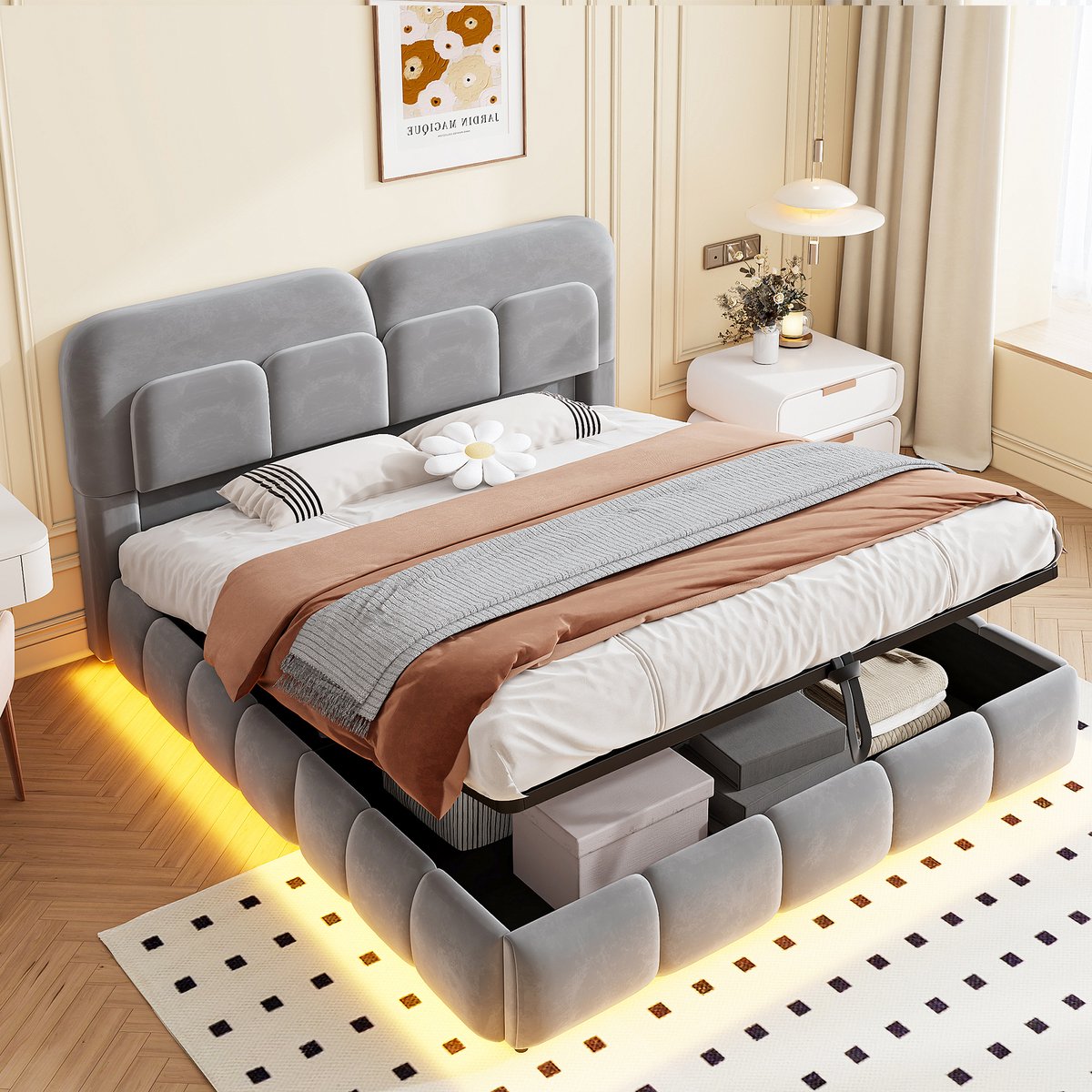 Sweiko Tweepersoonsbed - 140 x 200 cm - Gestoffeerd hoofdeinde - LED-verlichting - Opbergruimte - Velvet - Grijs