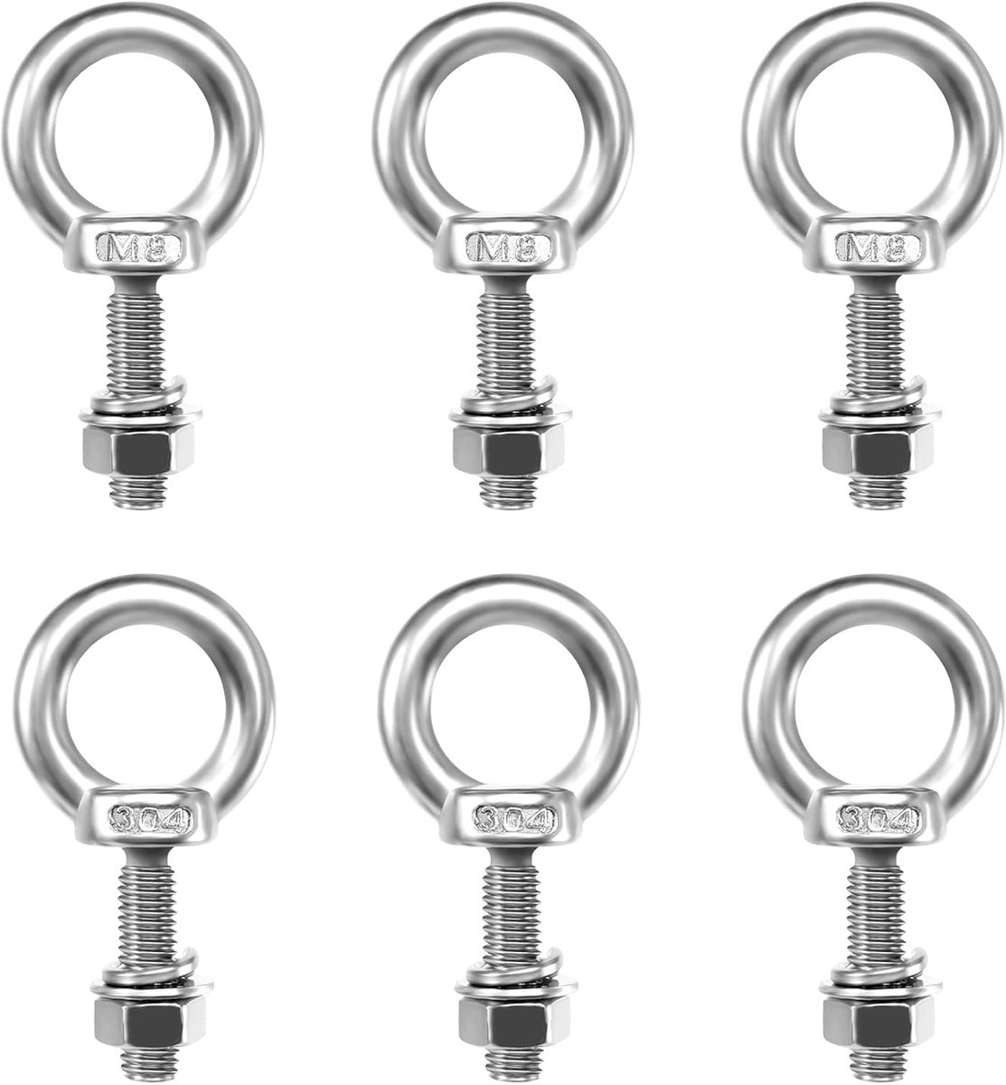 Ronde oogbouten M8, 6-pack roestvrijstalen ringbouten, oogschroef 30 mm met moeren en sluitringen voor het ophangen van een rol