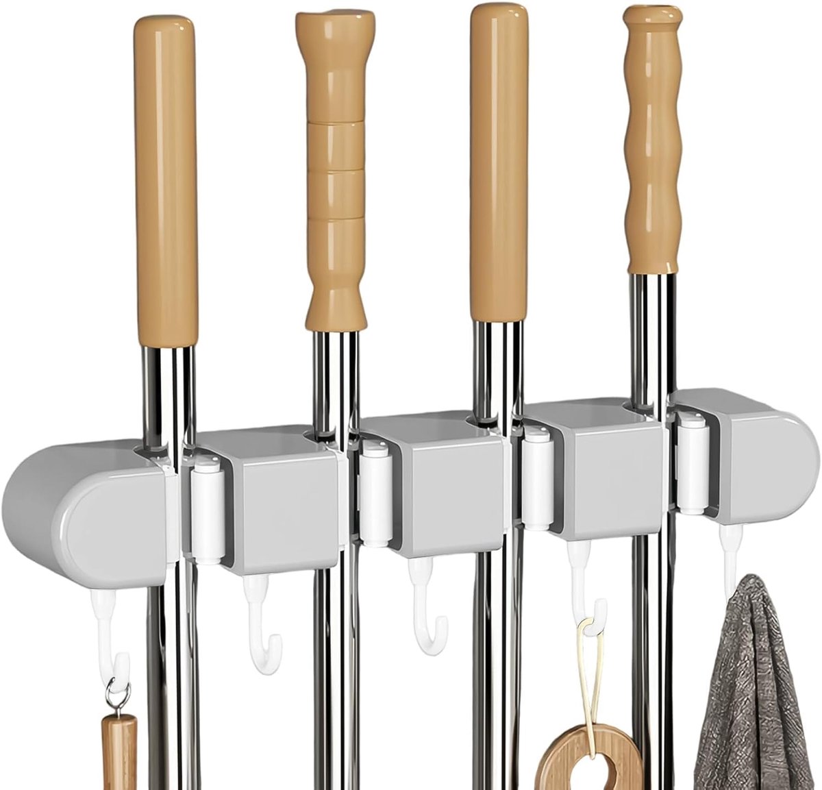 SnelShoppen - Broom Stick Holder Zelfklevend Broomhouder Grijs - Geen Boren, 4 Clips en 5 Haken voor Keuken, Garage, Tuin en Balkon