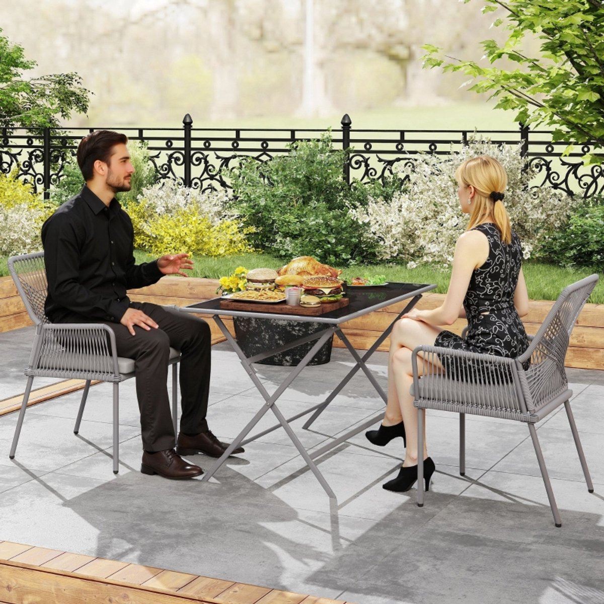 DESMIU Tuinstoel Set Van 2 - Rattan Met Armleuningen En Zitkussens - Voor Tuin Balkon En Terras - Staal Rotan - Donkergrijs