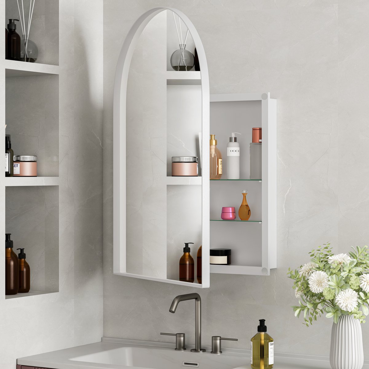 DESMIU Spiegelkast - Boogvormig Met Spiegel En Verstelbare Glasplanken - Voor Badkamer Woonkamer En Slaapkamer - Metaal - 91x61x12 Cm - Wit