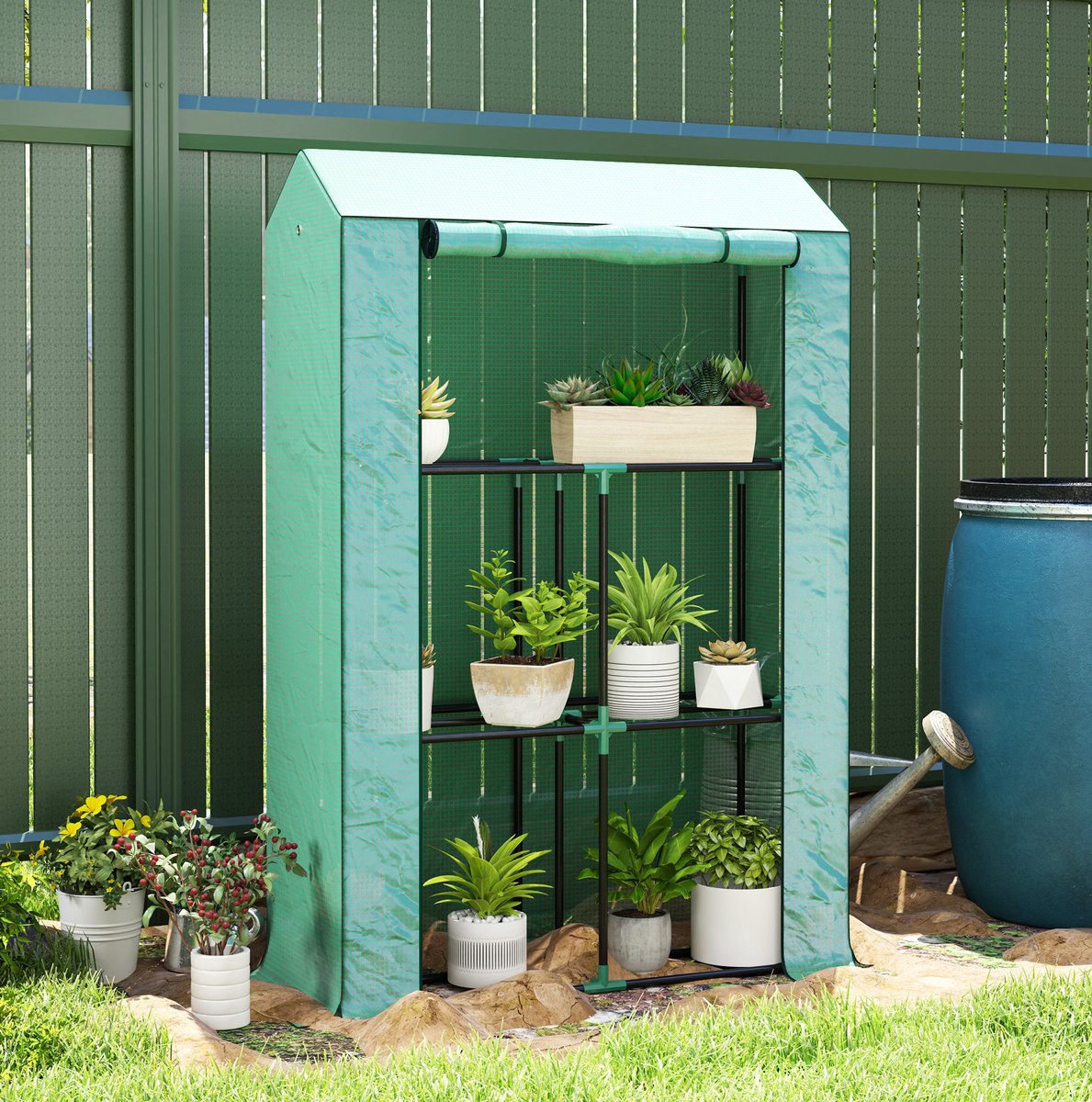 COVREO Tomatenkas 100 x 40 x 150 cm, groen, staal met 3 lagen en roldeur