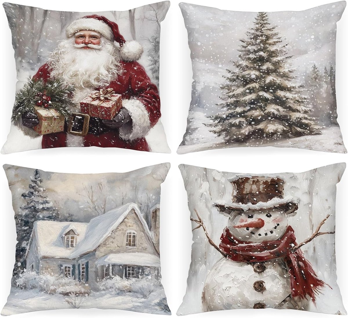 SnelShoppen - Set van 4 Kerst Kussenhoezen 45x45cm met Kerstboom, Sneeuwman, Kerstman en Huis - Zachte en Duurzame Pluche Kussenhoezen voor Binnen - F
