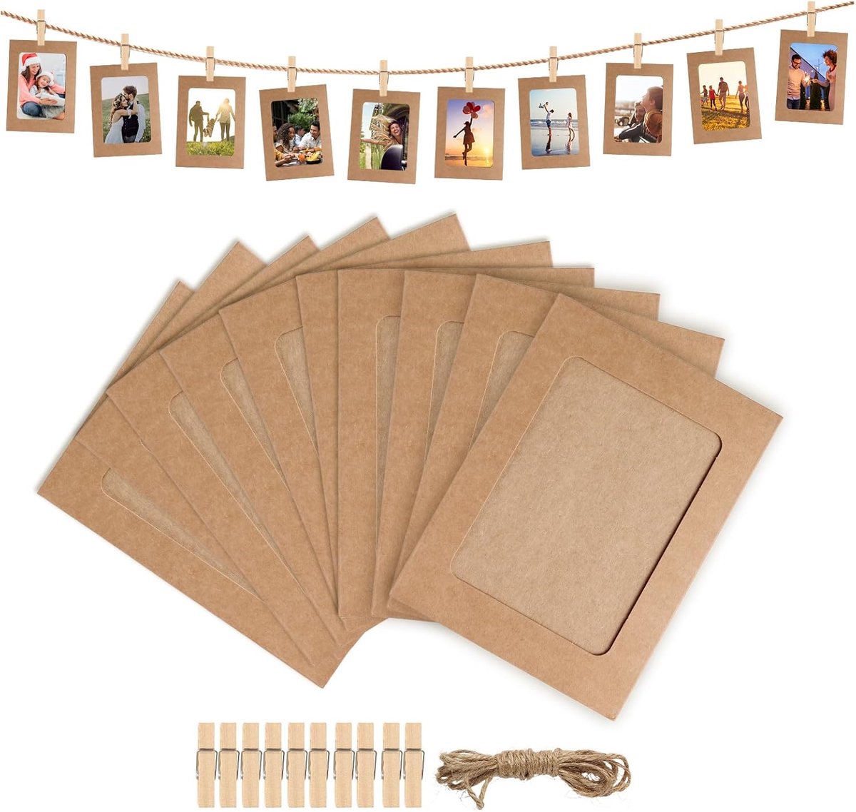 SnelShoppen - Pack van 10 Foto Slingers met Clips DIY Kraft Papier Fotolijsten 11,5 x 15,5 cm Hangende Muurdecoratie voor Verjaardag, Bruiloft, Feest,