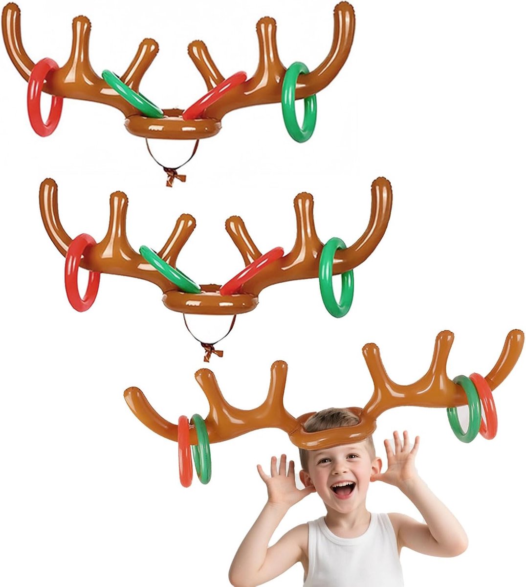 SnelShoppen - 10-delige Ring Gooi Spel Inflatable Rendier Hoed met Ringen, 2 Opblaasbare Hoorns, 8 Rendier Ringen, Familie Kerstfeest Spellen voor Zom