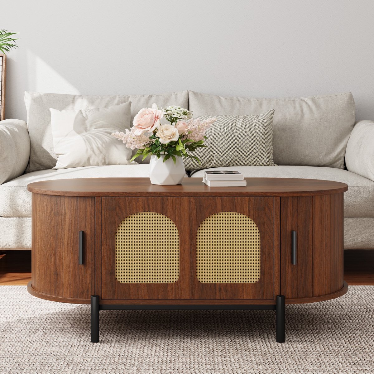DESMIU Salontafel Ovaal Met Rattan Schuifdeuren En Opbergruimte - Walnootkleur - MDF En Metalen Poten - 100x50x40 Cm