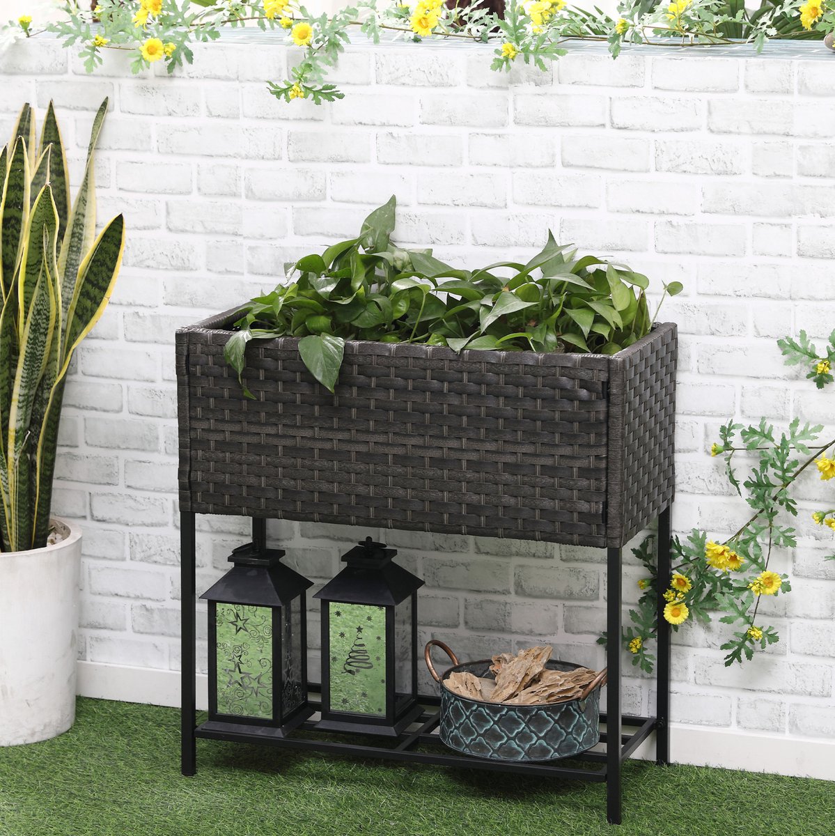 COVREO Plantenbak 70 x 30 x 72 cm bruin, polyrattan met poten en legplank