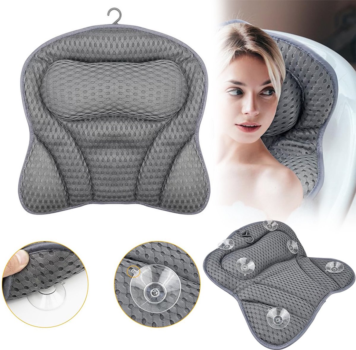 Badkussen - Badkussen - Ademende 4D mesh-technologie - Rugleuning met zuignappen - 40*42*6 cm - Machinewasbaar - Ontspannend bad - Grijs