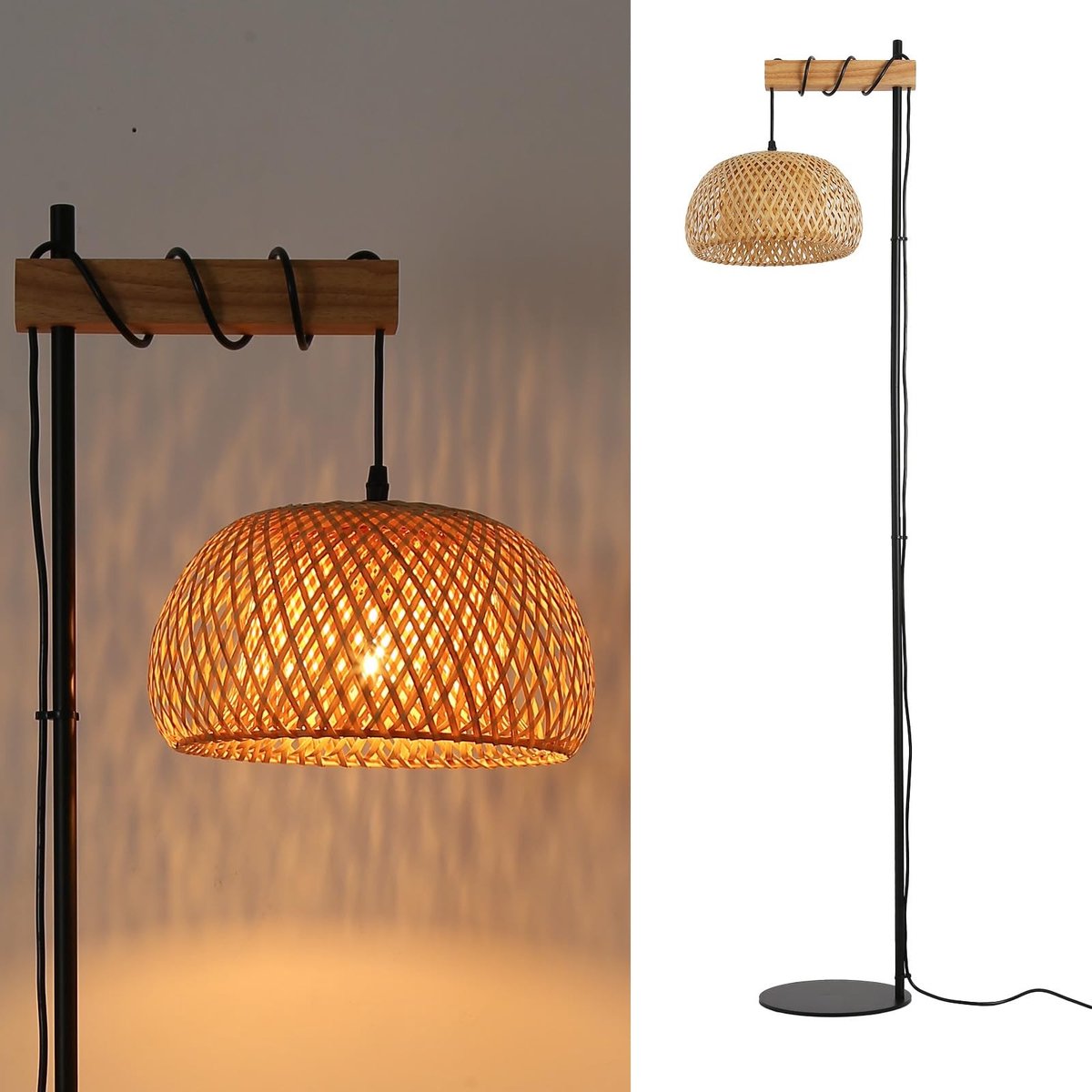 Omgoods- Vloerlamp handgemaakt - Lampenkap van wilgenvlechtwerk - Moderne boho-stijl - Hoogte 157 cm - Voetschakelaar - Uniek design - Lamp