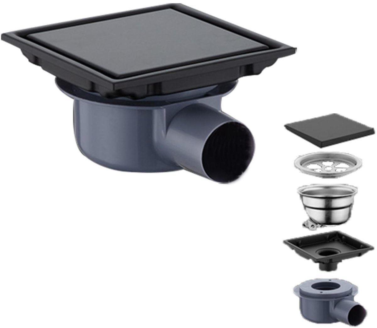 Omgoods - Vierkante Doucheafvoer 15 x 15 cm, Zwart met 360° Sifon en Haarfilter