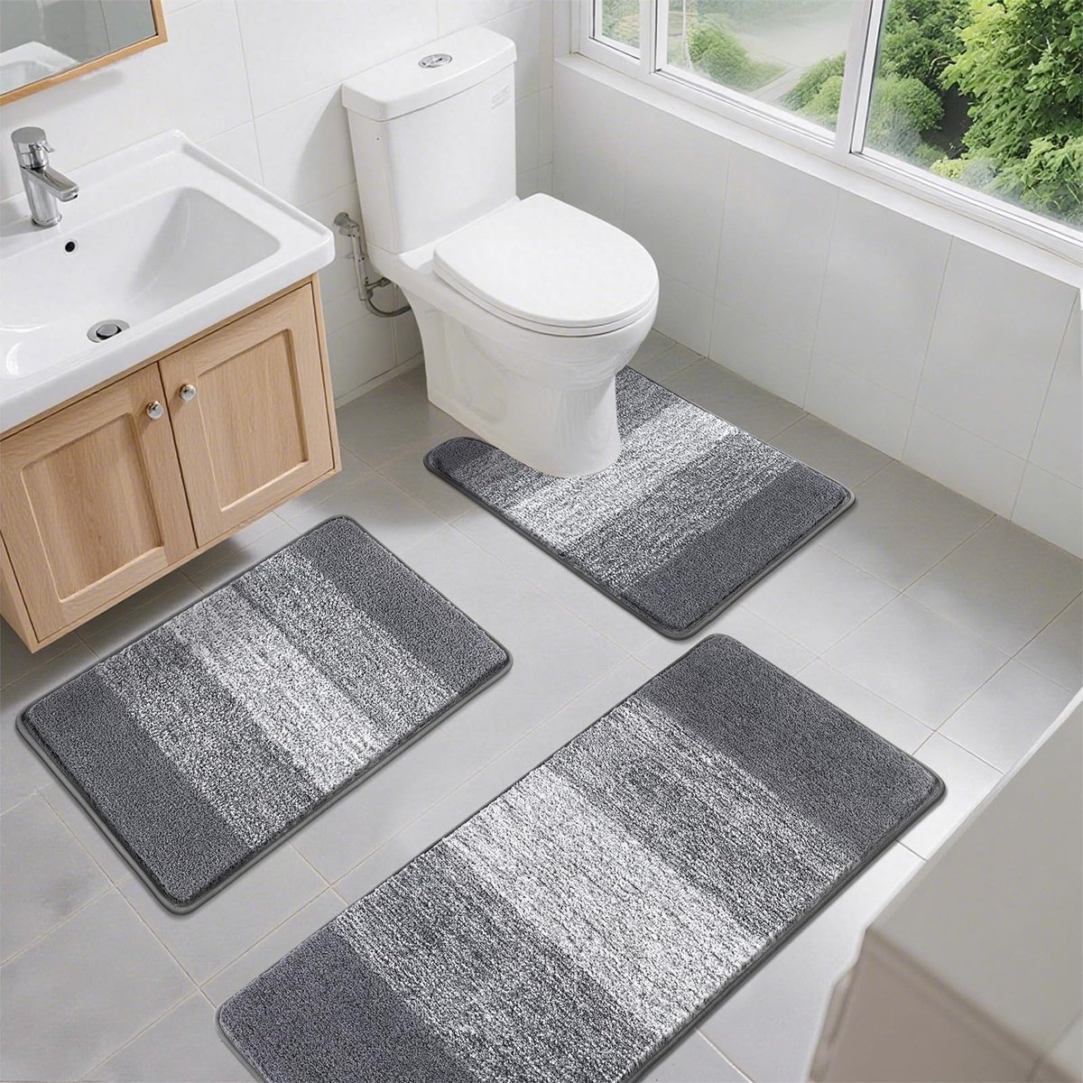 Omgoods - Microfiber Badmat Set van 3 Stukken Antislip en Wasbaar, Donkergrijs