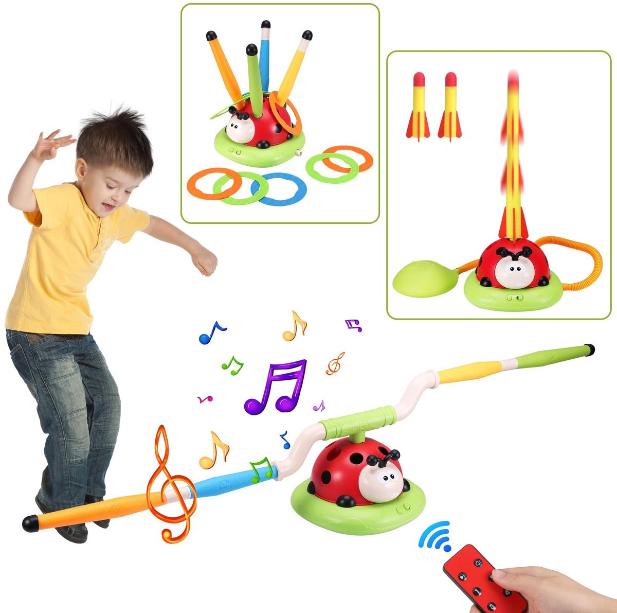 Omgoods - 3-in-1 Kinderspeelgoedset - Raketlanceerder, Muzikale Sprong en Gooi Ring Spel