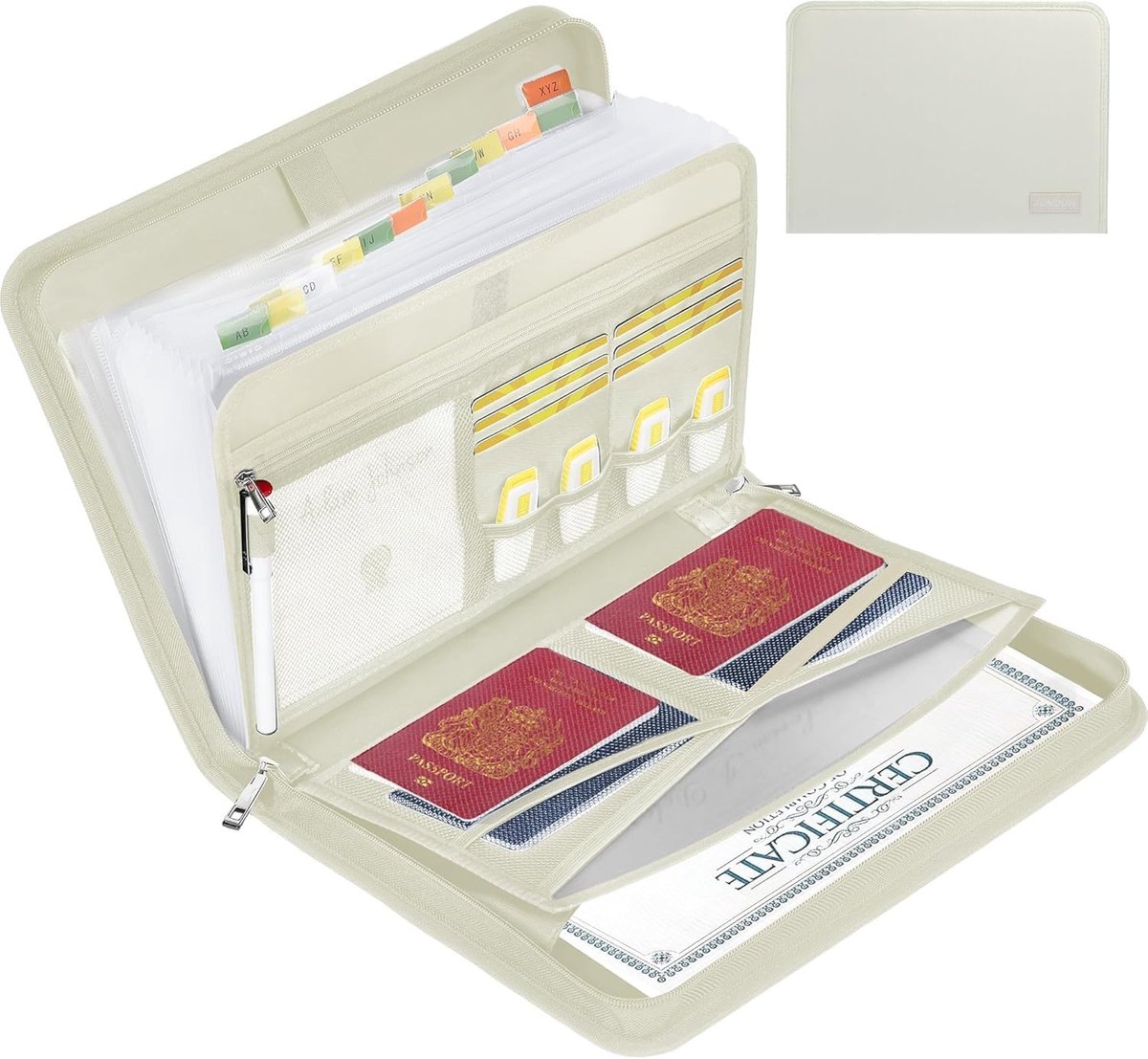 Omgoods - Multi-Pocket Brandwerende Documentfolder - Beige, 13 Compartimenten