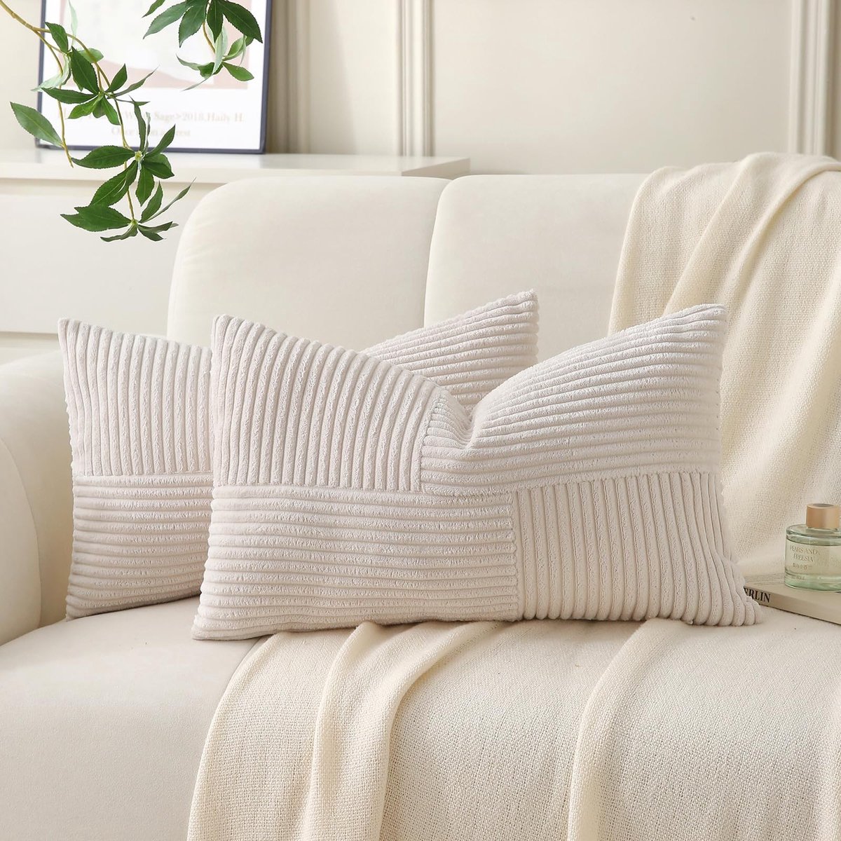 Omgoods - Set van 2 Corduroy Kussenhoezen 30 x 50 cm Beige Boho
