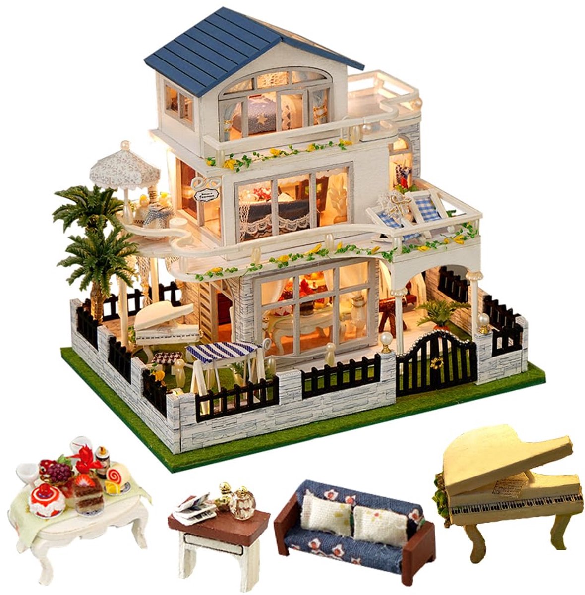 Omgoods - Miniatuur Houten Poppenhuis Kit - Europese Stijl Villa Huis Doe-het-zelf