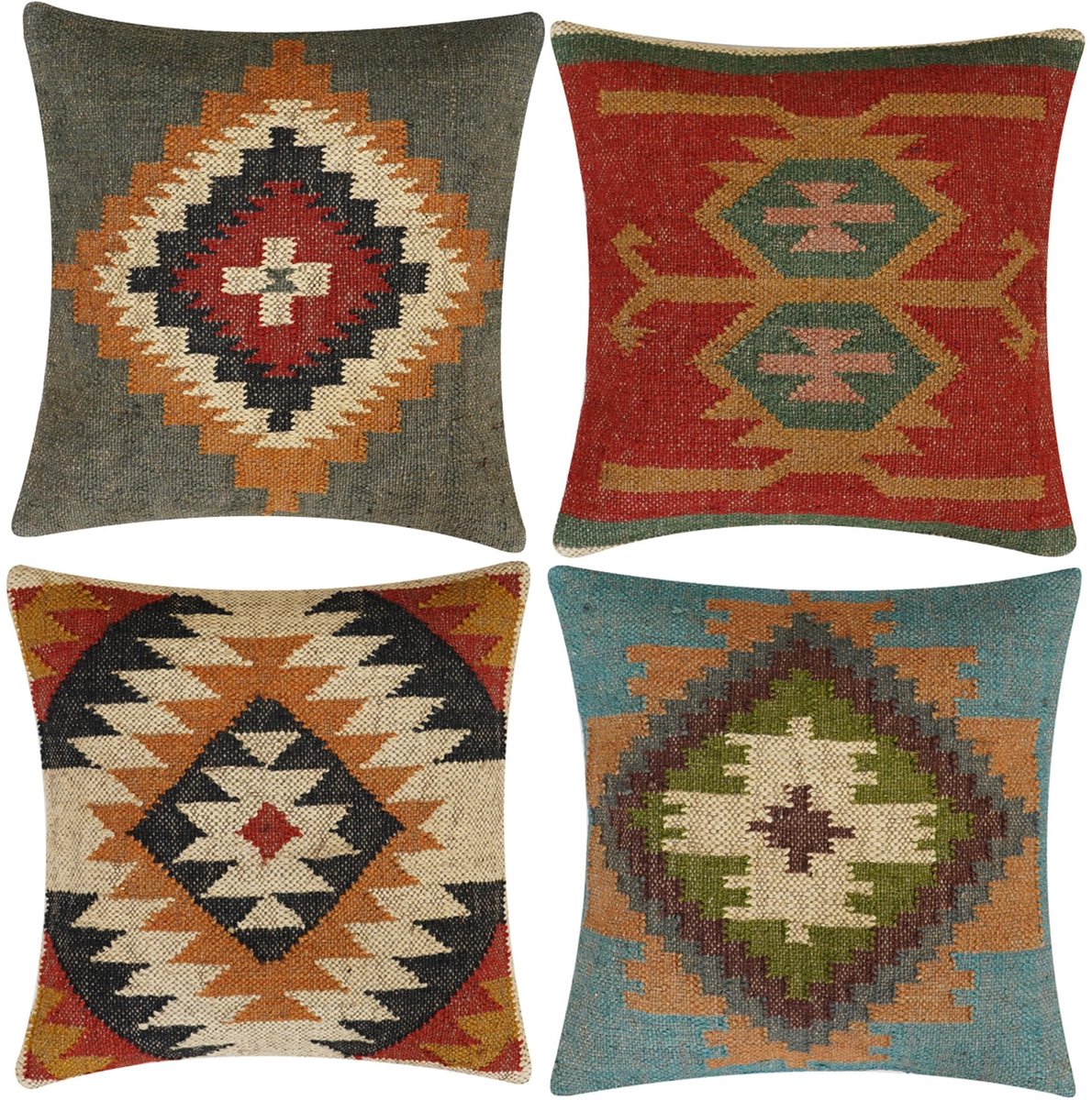Omgoods - Set van 4 Handgeweven Kilim Kussenslopen