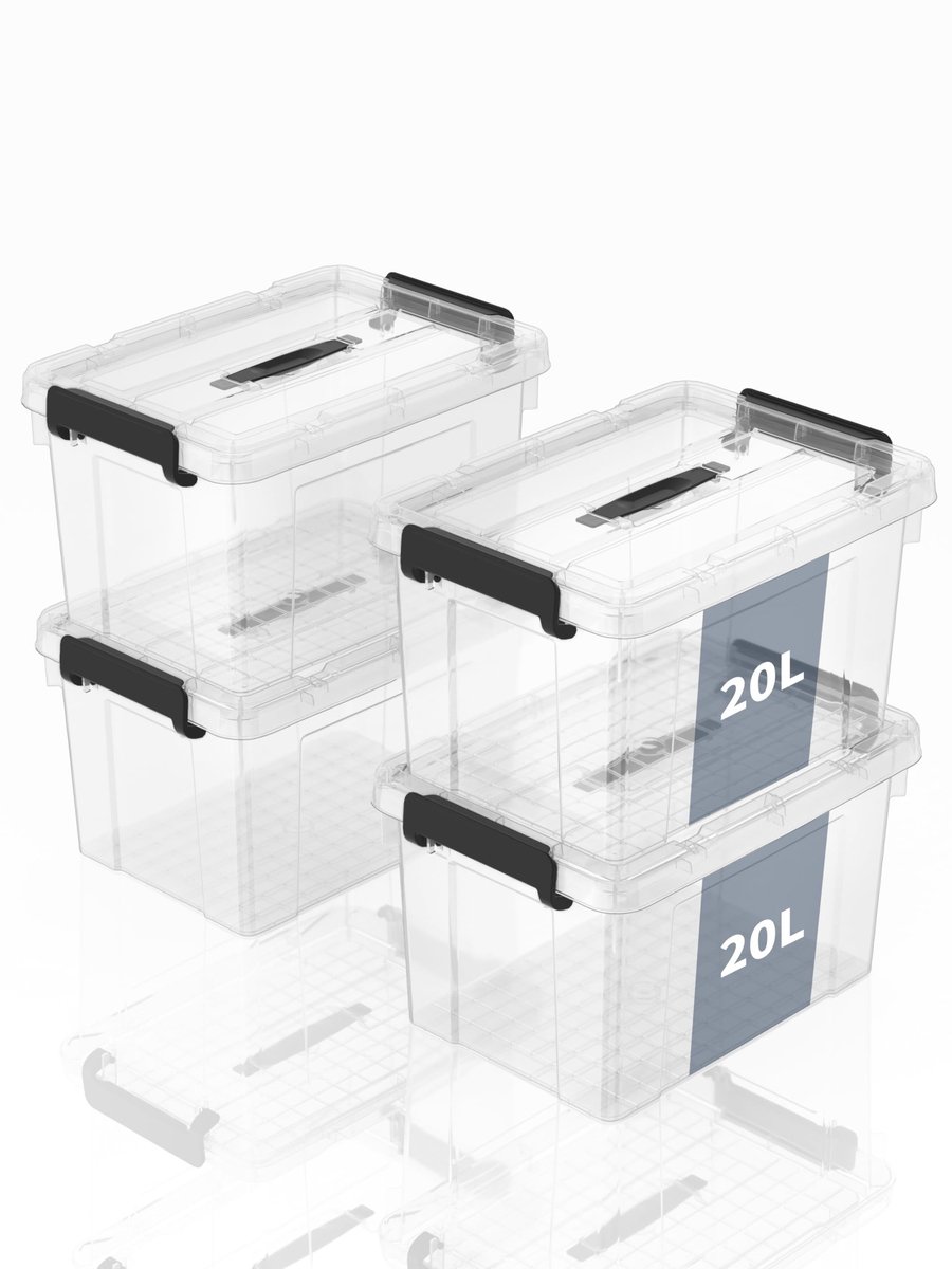 Omgoods - Set van 4 Transparante Opslagboxen met Handgreep 20L