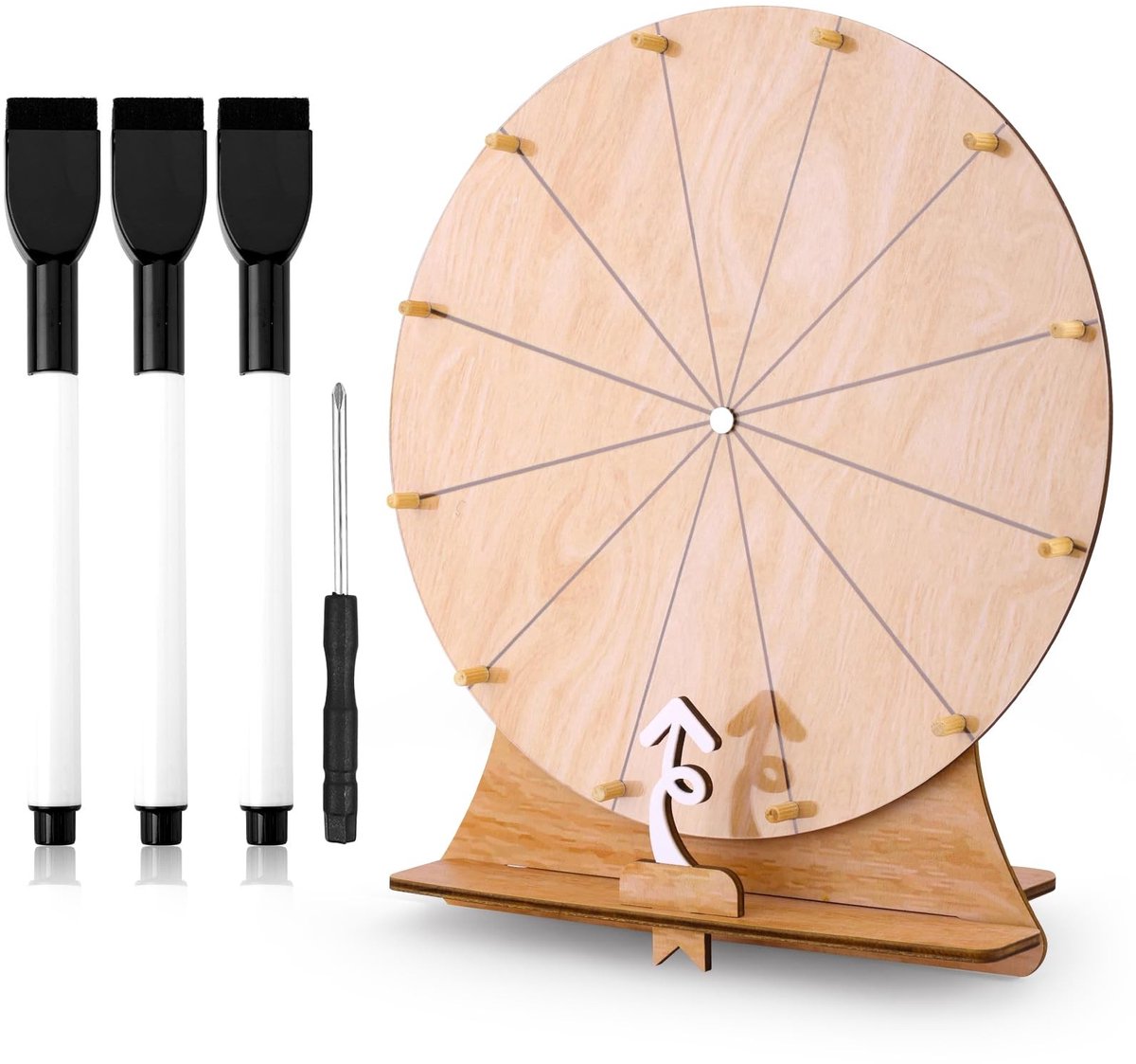 Omgoods- Prijzenrad 30cm - Houten Spel met Standaard - Roulette Loterij - Spinnewiel - 12 Slots - Inclusief 3 Markers - Spinwiel