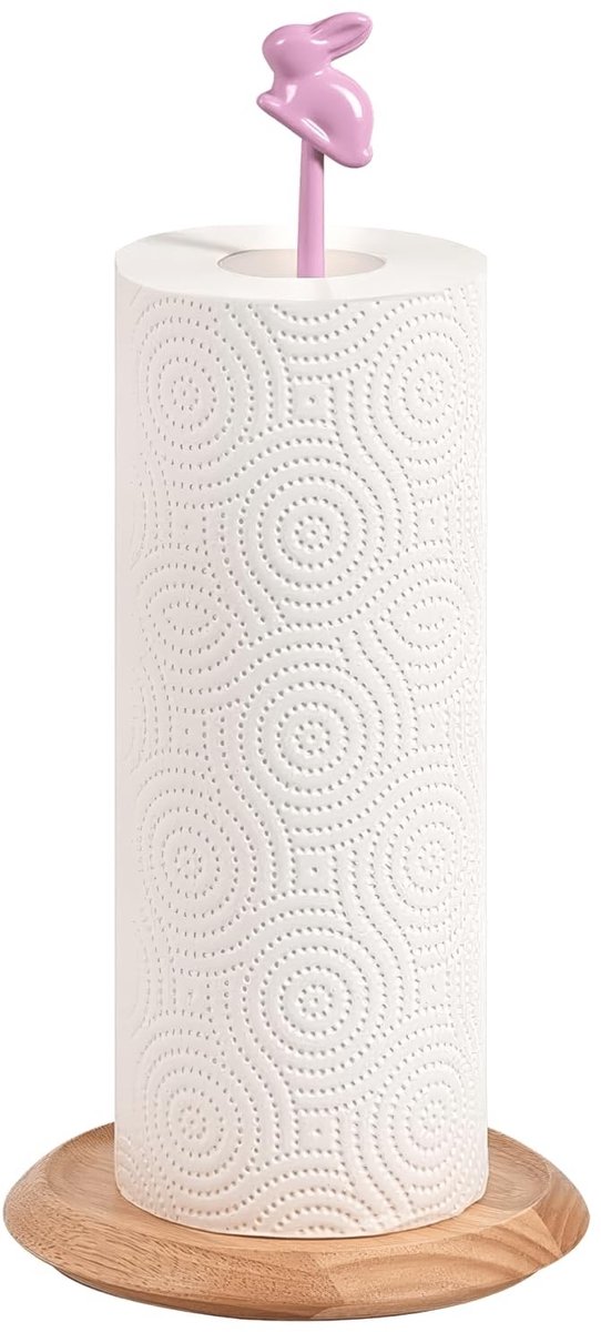 Omgoods - Houten Keukenrolhouder met Roze Konijn Decoratie - Cottagecore Stijl
