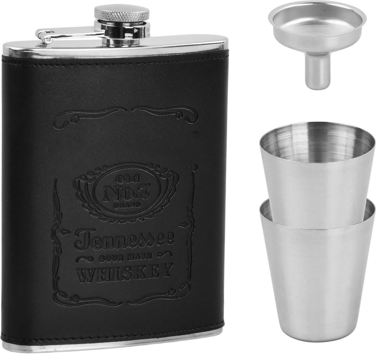 Omgoods - Heupfles van Zwart Roestvrij Staal - Draagbare Fles met Bekers en Trechter