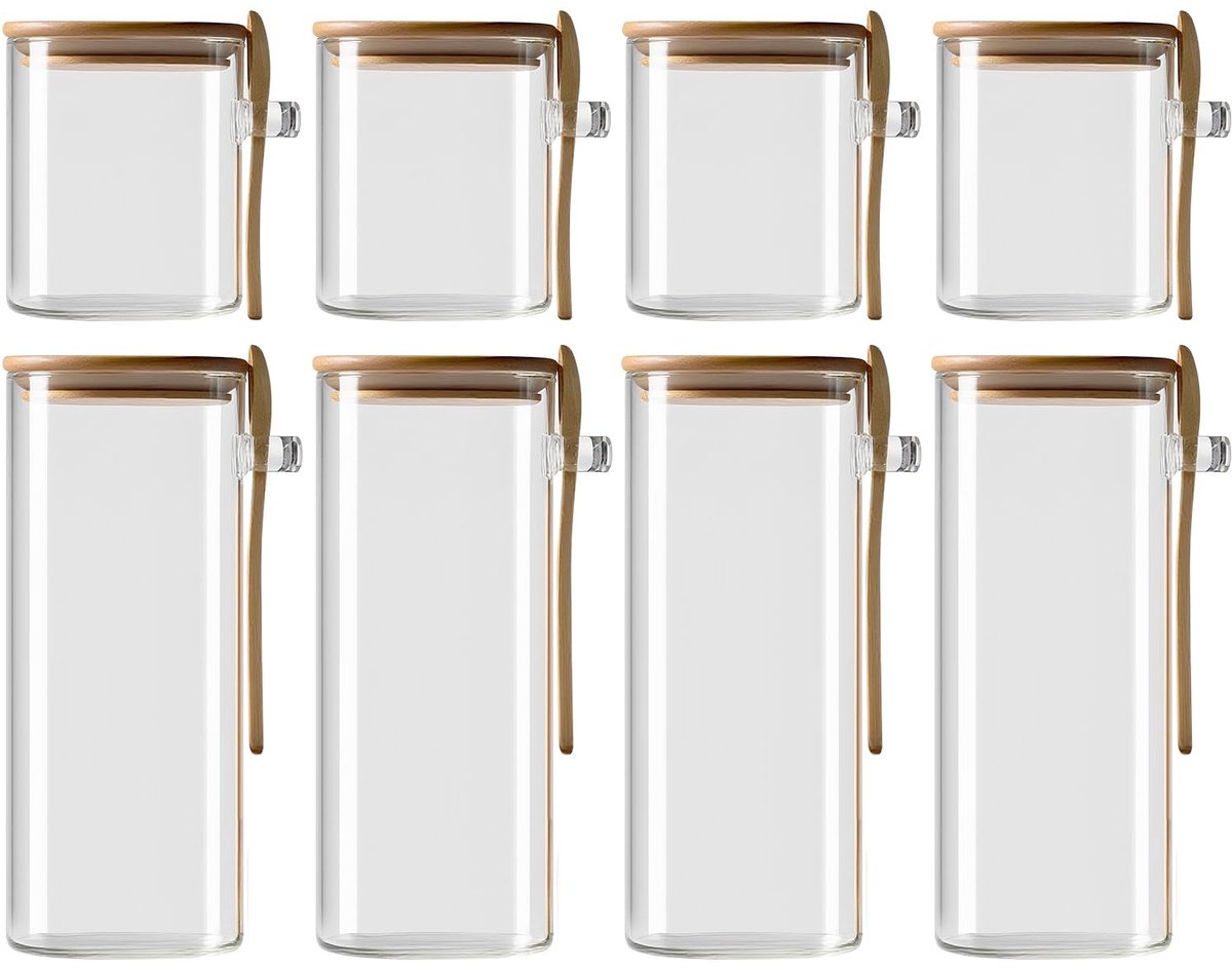 Omgoods - Set van 8 Glazen Opbergpotten met Houten Deksel