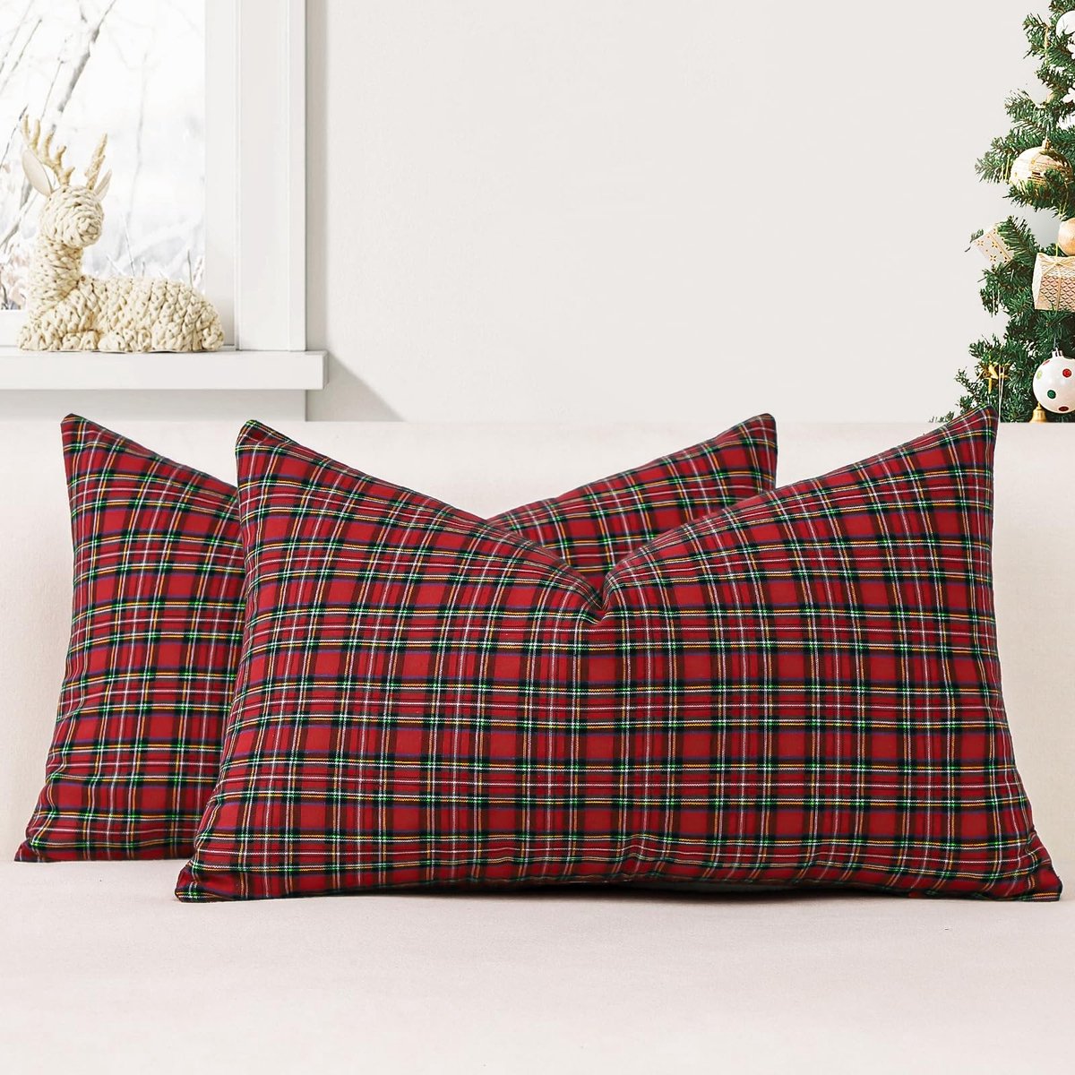 Omgoods - Set van 2 Tartan Kussenhoezen 40 x 60 cm voor Kerstdecoratie