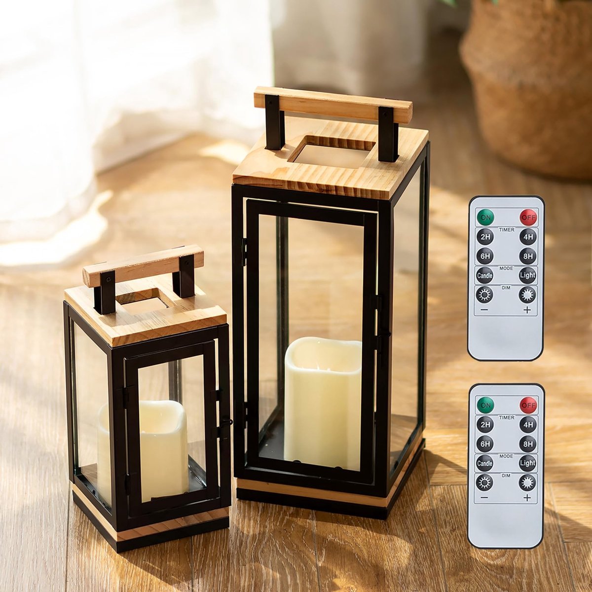 Omgoods - Houten Kaarsenlantaarns Set met LED Pilaren en Timer