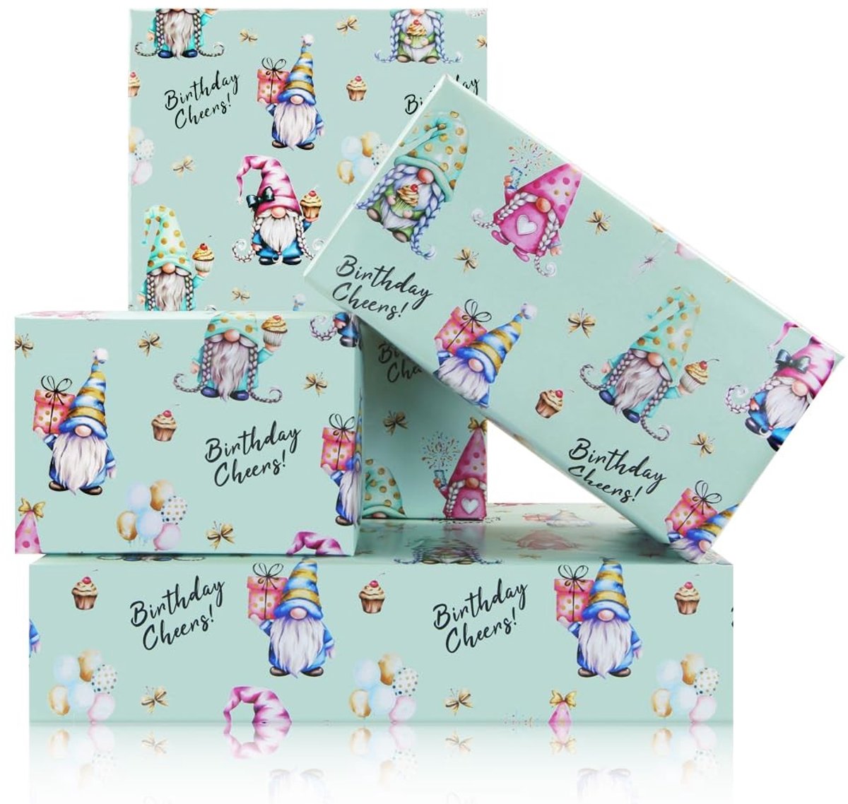 Omgoods- Inpakpapier Verjaardag - Inpakpapier Kinderen - Inpakpapier Meisje/Jongen - 4 Vellen 50 x 70 cm - Schattige Kabouters met Ballon - Geschenkpapier